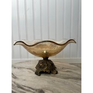 Jeannette Floragold Louisa Carnival Glass Brass Pedestal Bowl VTG  Amber 10x5